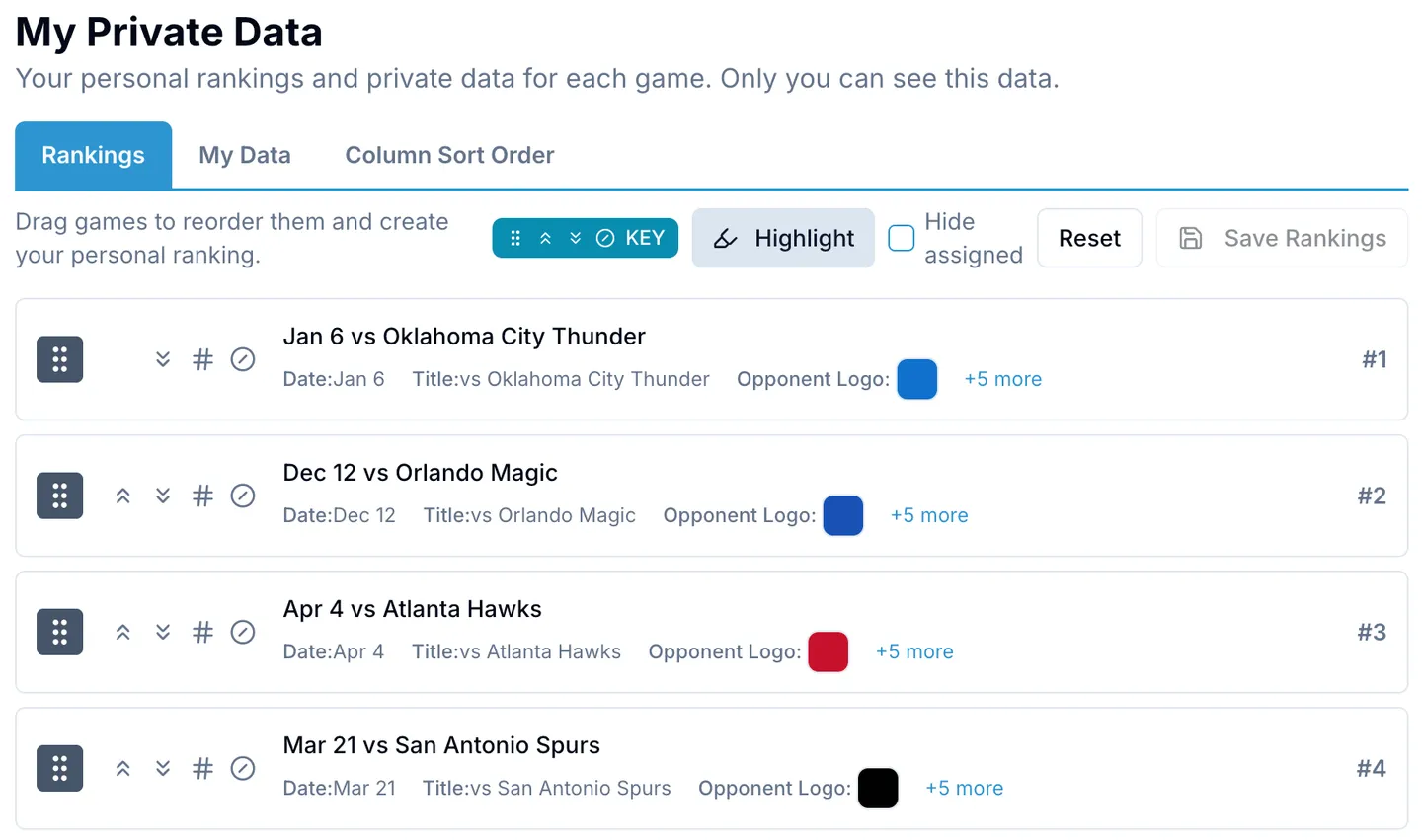 OnlineDraft private rankings page with games dragged into a personal order, ranked 1 through 4