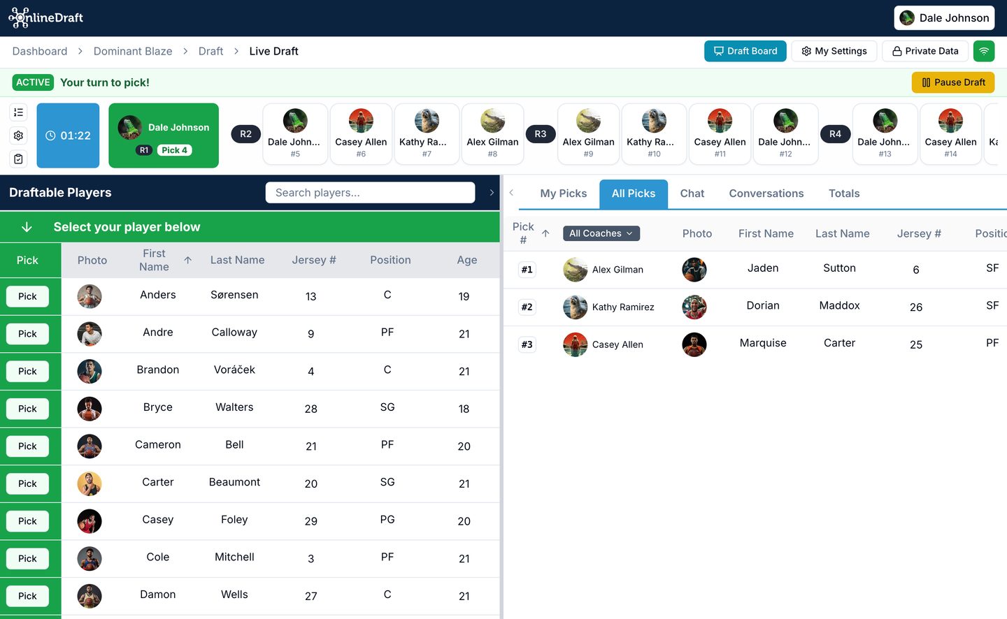 OnlineDraft live draft screen with draft order, picks, and available players