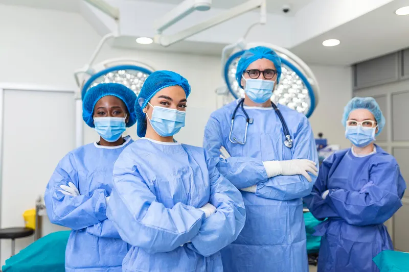 Surgical team in scrubs and masks in an operating room