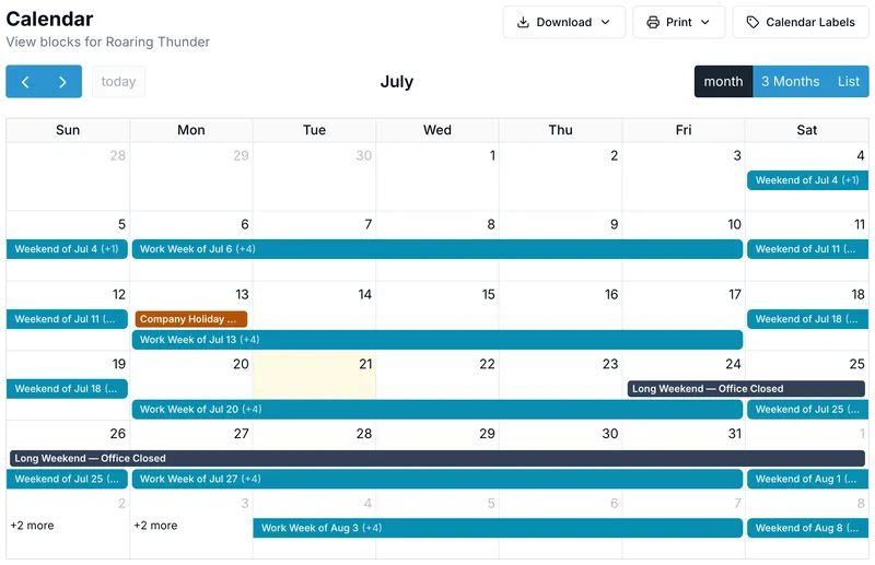 OnlineDraft calendar with work weeks and weekends laid out as multi-day blocks