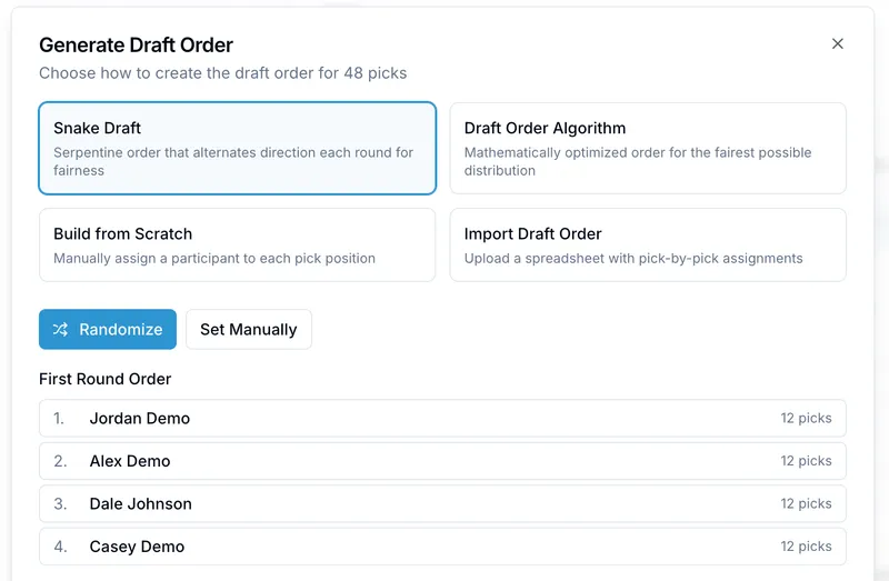 OnlineDraft dialog generating a draft order — snake, algorithm, or built from scratch
