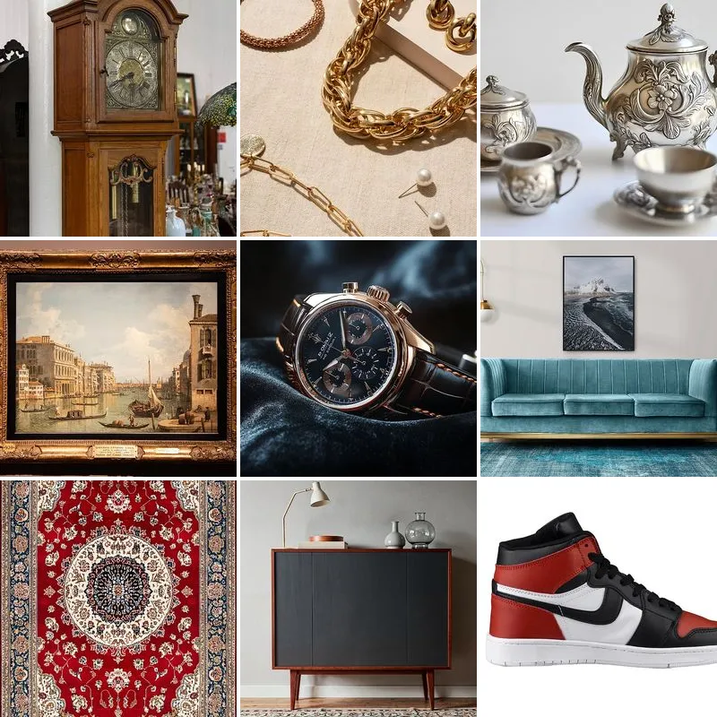 Grid of estate possessions — a clock, jewelry, silver, paintings, furniture, and a rug