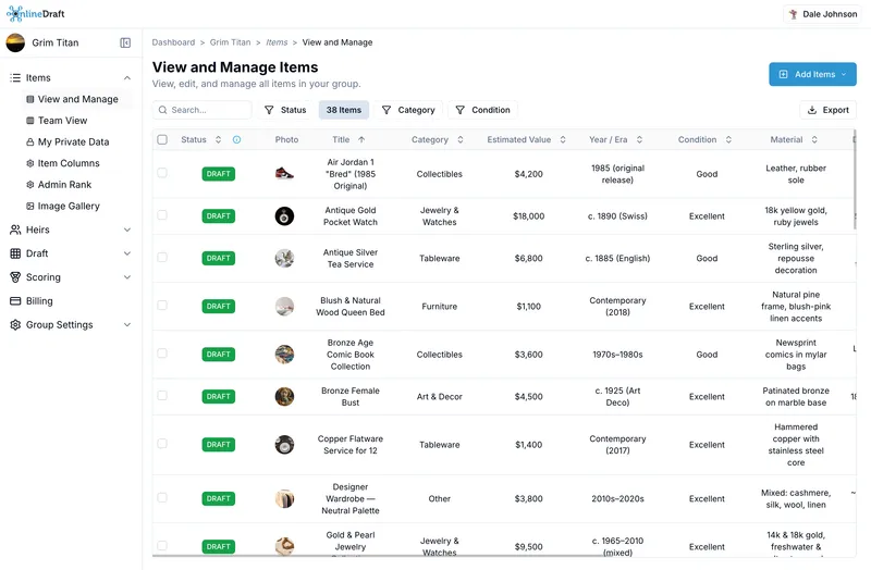 OnlineDraft estate inventory listing each item with photo, value, condition, and material
