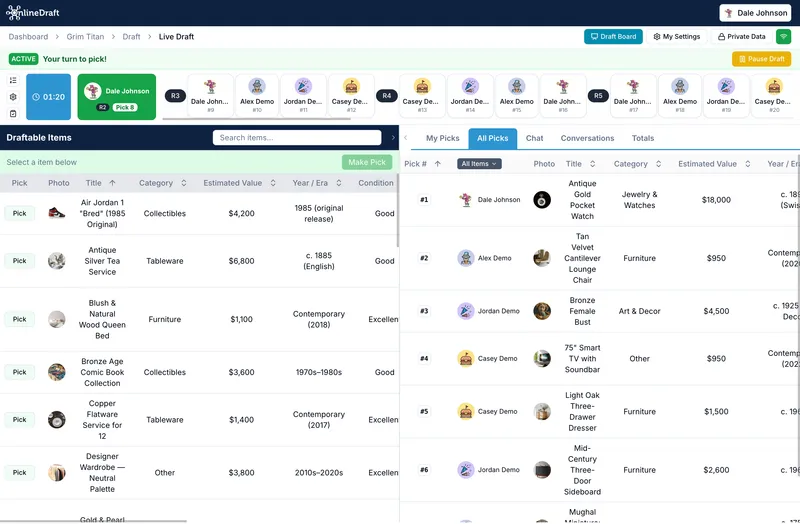 OnlineDraft live draft with each item's photo, category, and appraised value