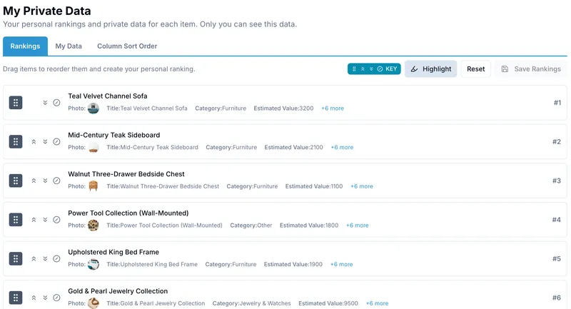 OnlineDraft private rankings page, marked so only that heir can see the list