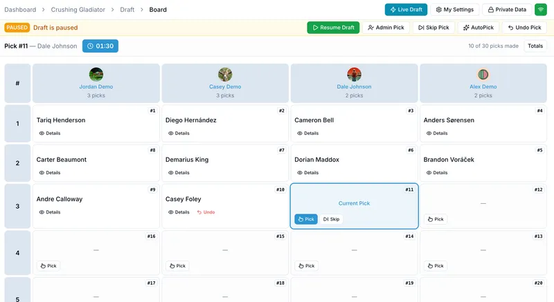 OnlineDraft draft board mid-draft with a pick clock and each owner's picks