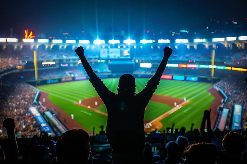 Silhouette of a fan raising their arms at a night baseball game