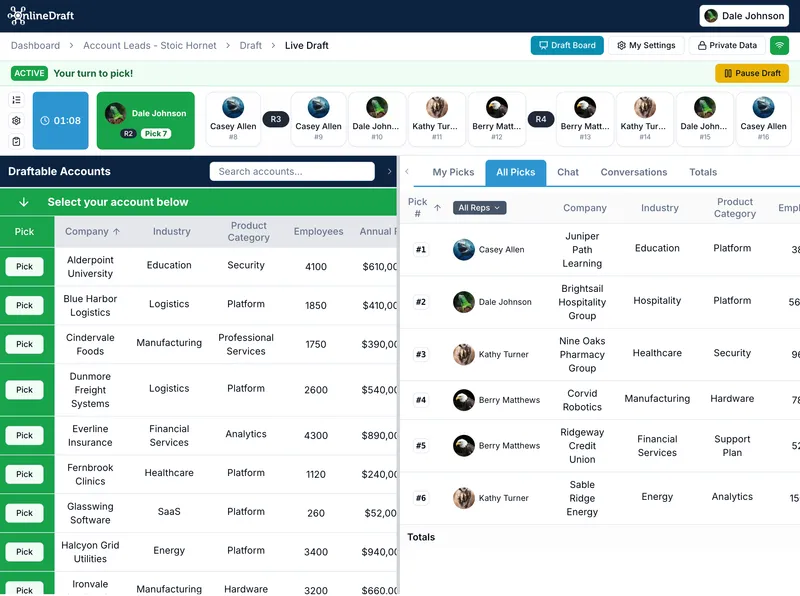 OnlineDraft live account draft with reps picking companies in turn