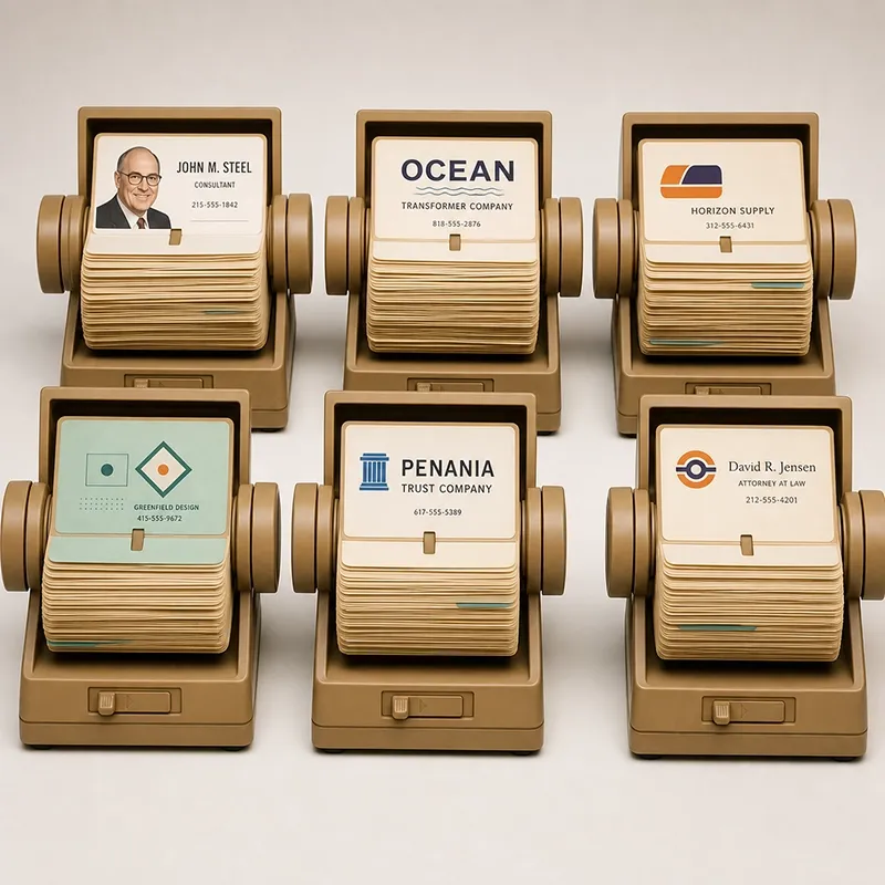 Row of rolodexes filled with business cards for companies and contacts