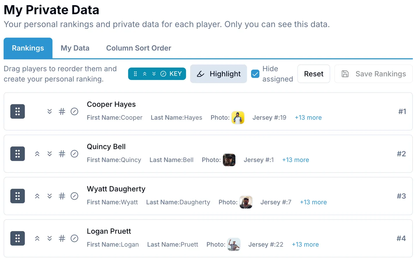OnlineDraft private rankings page with players dragged into a personal order, ranked 1 through 4