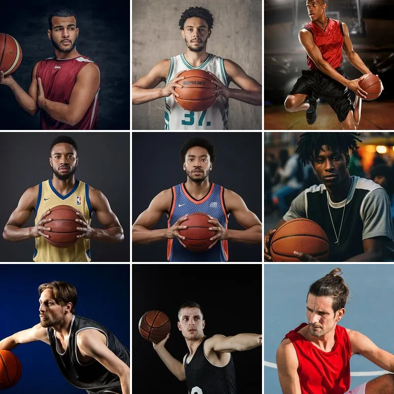 Grid of nine adult basketball league player portraits