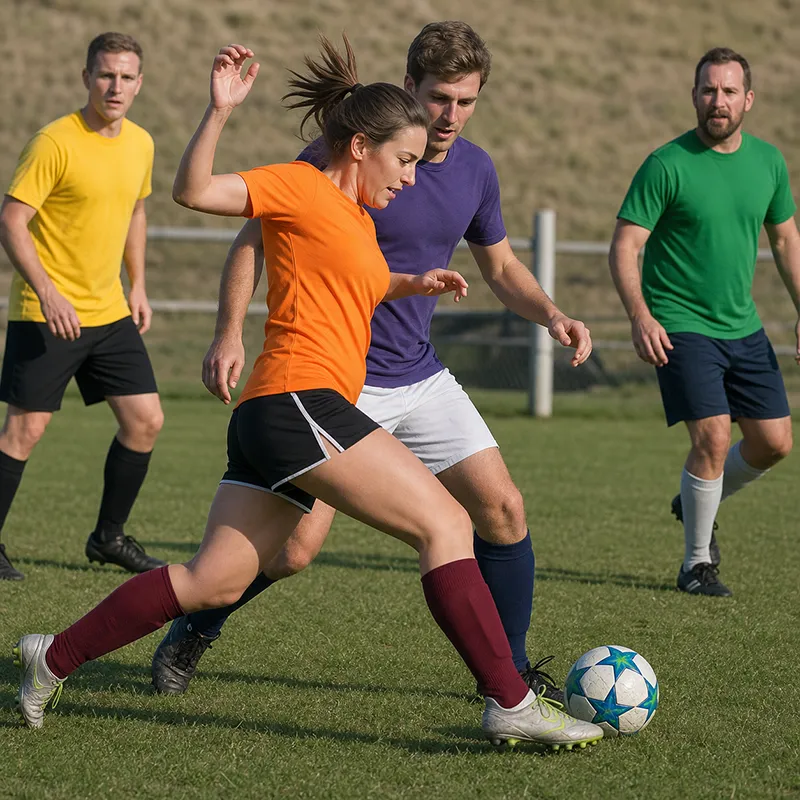 Adult coed soccer players challenging for the ball
