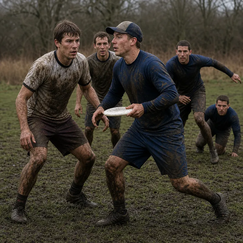 Muddy adult ultimate frisbee players mid-point