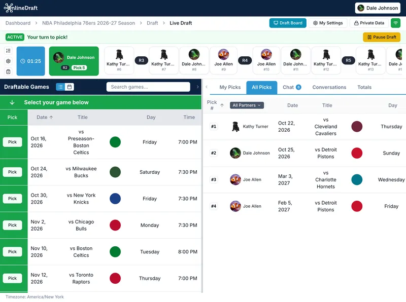 OnlineDraft live season-ticket draft with the pick timer, draft order, and game list