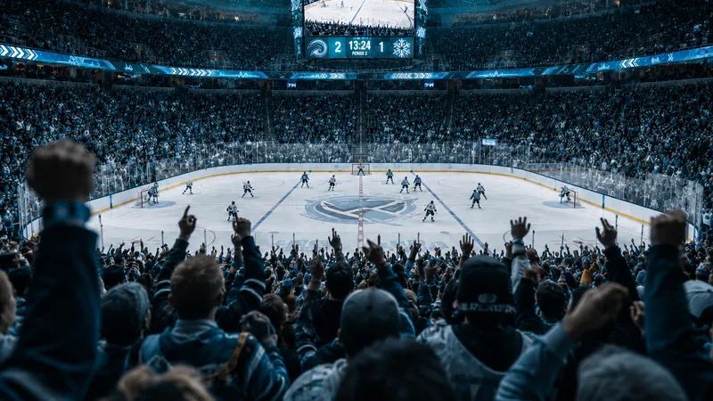 Hockey crowd standing as play runs end to end at a full arena