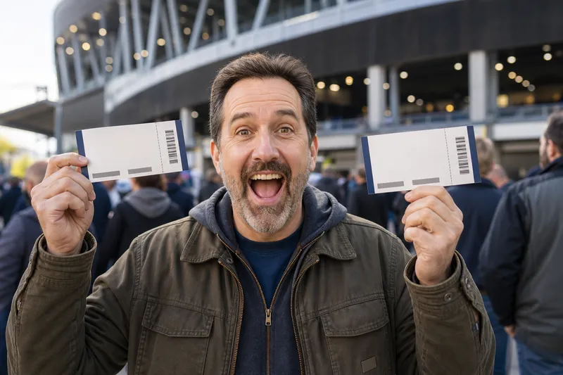 Fan holding a pair of game tickets outside the stadium