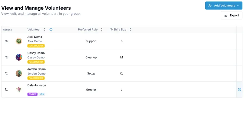 OnlineDraft volunteer list showing each volunteer's preferred role and shirt size